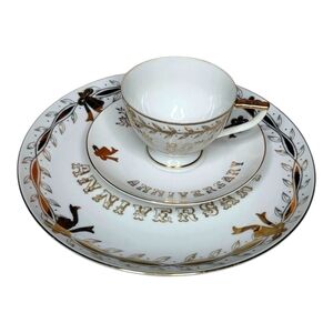 Vintage Lefton China 50th Anniversary Tea Cup Saucer Plate Set Gold